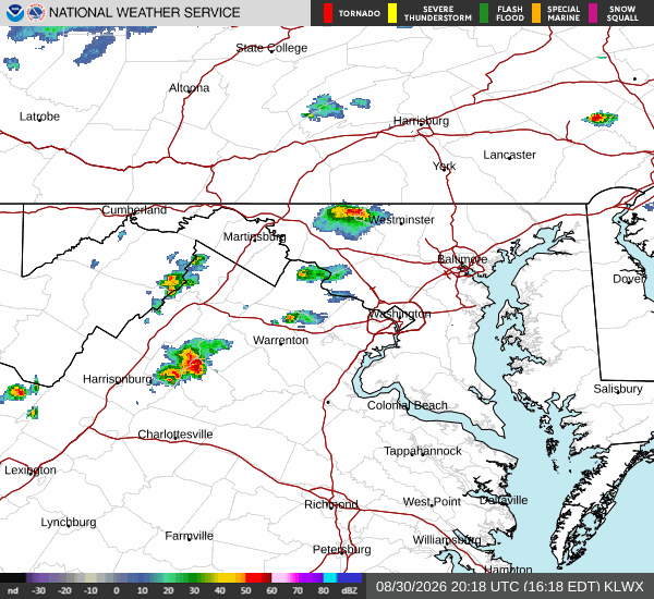 Sterling (KLWX) radar — what the sky is doing now